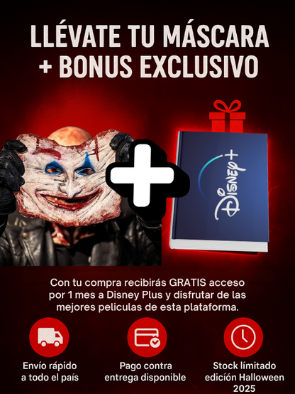 Mascara Halloween Payaso con rostro retirable + 🎁 1 Mes Disney Plus